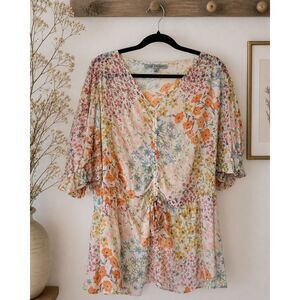 Y2K Floral Peasant Blouse 3X Boho Cottagecore Romantic Whimsical Flowy Layering